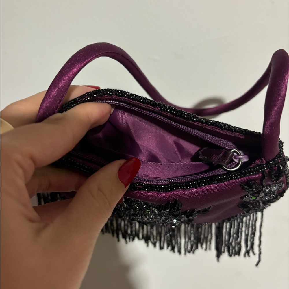 ✨ VINTAGE RARE 50s SMALL BEADED SATIN MINI PURSE PLUM DANGLY BEADED FRINGE ✨ - Picture 9 of 12
